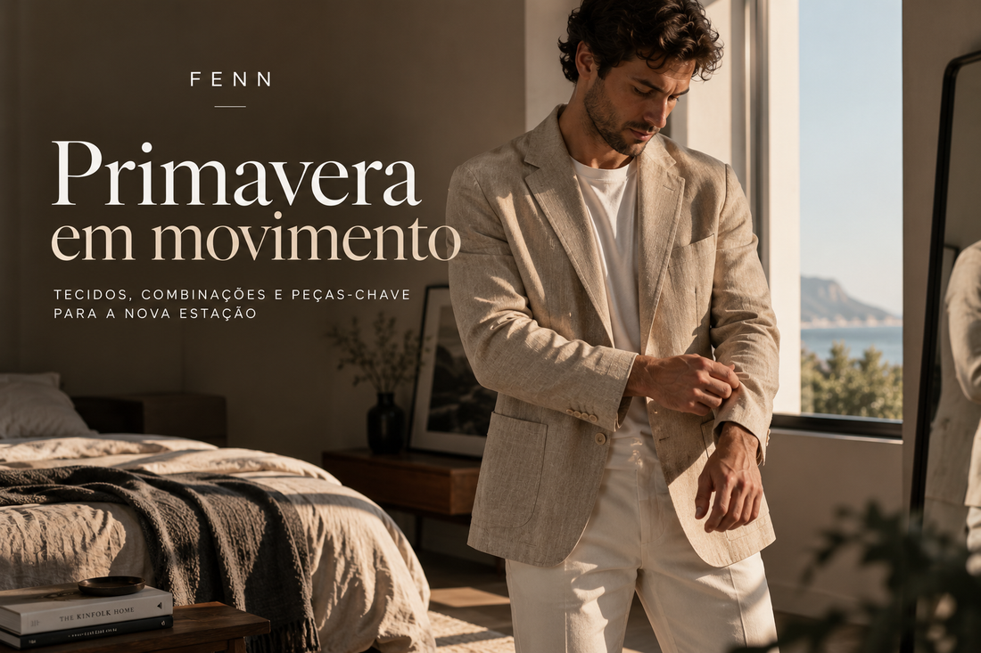 Homem ajustando a manga de um blazer leve de linho bege num quarto minimalista com luz de janela