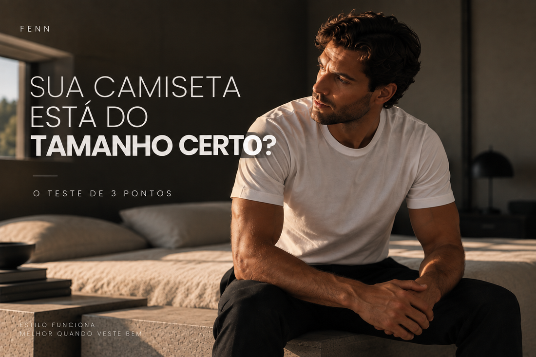 Homem sentado usando camiseta branca bem ajustada, com o texto: sua camiseta esta do tamanho certo? o teste de 3 pontos