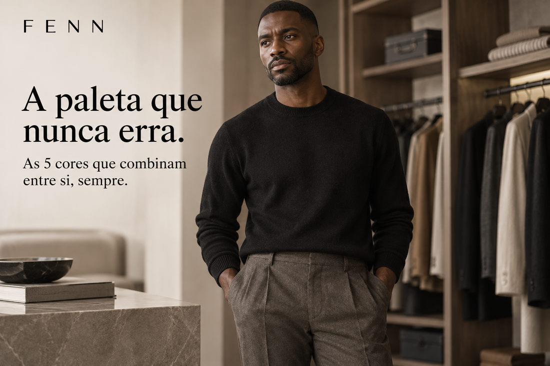 Homem em closet minimalista com paleta neutra de roupas, texto: A paleta que nunca erra